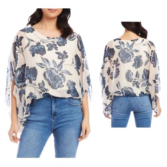 Karen Kane Floral Print Blouson Scarf Top Bohemian Flair Size L Crew Neck Blue - Picture 1 of 8